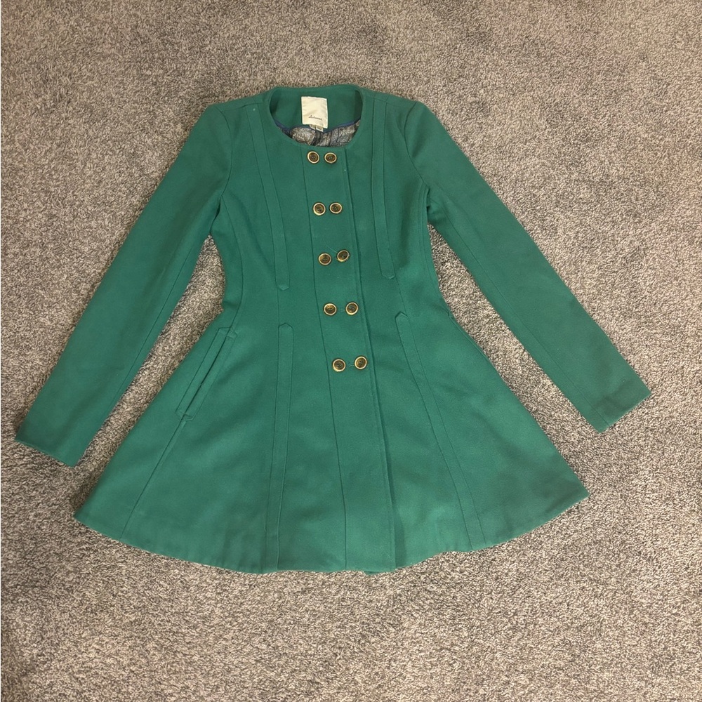 Elevenses Anthropologie Green Double Breasted Flared Coat, Size 0‎ (US) 4 (UK)